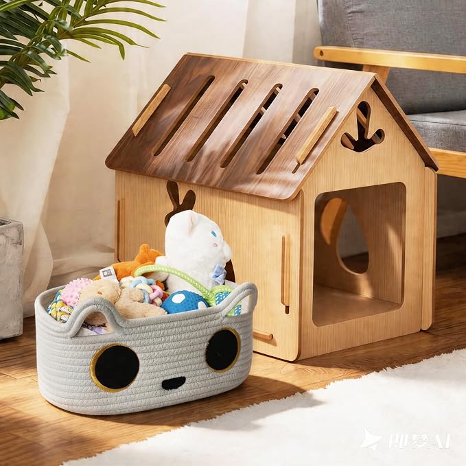 White Cat Toy Basket, Small Woven Cat Toy Storage Box with Cute Ears Handle Indoor, Cotton Rope Storage Bin with Embroidered Face for Home Decor, Pet Bed, Baby Nursery Kids Room Organization