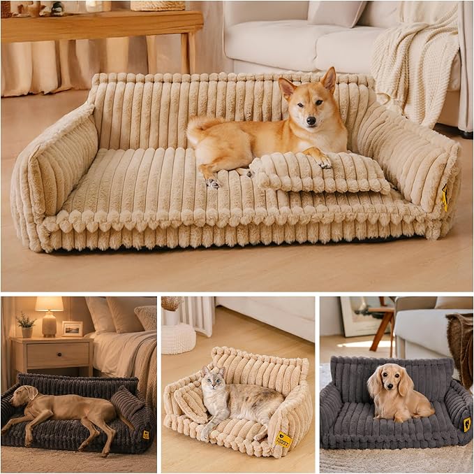 FUNNY FUZZY Cat Bed, Fluffy Orthopedic Supportive Pet Sofa Pillow, Grey | Cat Beds for Indoor Cats, Cozy Corduroy Flannel, Small Dogs, Removable Cover, Non-slip, Snoozy Dream 23.6"×17.7" Up to 15 Lbs