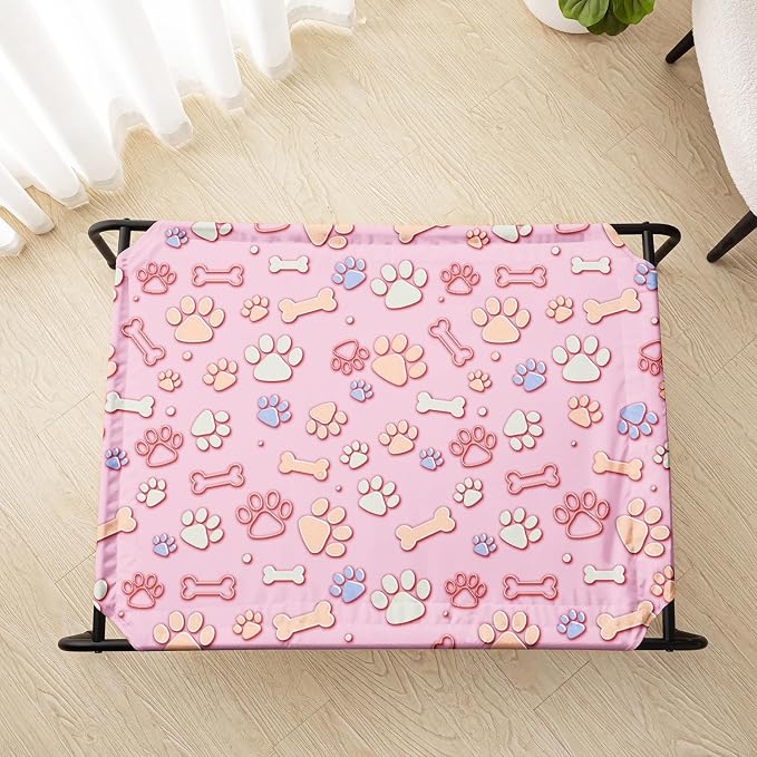 QOOMO Elevated Dog Bed with Cooling Fabric, Pet Cot for Small and Big Dogs, Indoor and Outdoor Use, Joint Relief, Cute Printed Cushion Included (Pink Paw Prints, 35.43" L*25.59" W*8.27" Th)