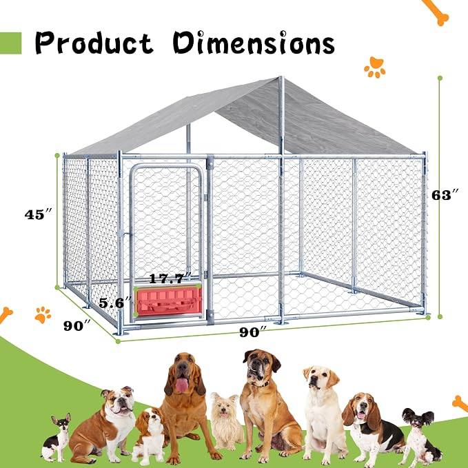 Grepatio 7.5x7.5 FT Outdoor Dog Kennel with Roof, Outside Dog Enclosure with 2 Rotating Feeder Bowls, Dog Kennel Dog Playpen Fence for Large Dogs with Secure Lock (7.5x7.5 FT)