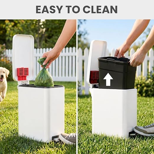iTouchless 3 Gallon / 12 Liter Dog Poop Trash Can with AbsorbX Odor Filter - Outdoor Pet Waste Receptacle with Step Pedal - Soft Close Metal Garbage Bin for Yard, Patio, Bathroom, Matte White