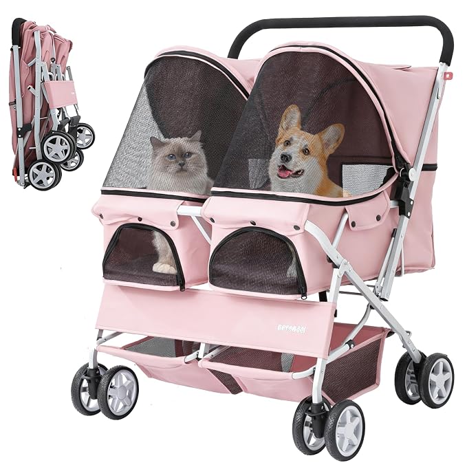 Double Pet Stroller for 2 Small Dogs & Cats, Side-by-Side Twin Travel Carriage with Safety Leashes, Mesh Windows & Double Storage Baskets, Lightweight & Foldable, 44lbs Capacity, Pink