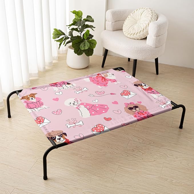 QOOMO Elevated Dog Bed with Cooling Fabric, Pet Cot for Small and Big Dogs, Indoor and Outdoor Use, Joint Relief, Cute Printed Cushion Included (Princess Dog, 35.43" L*25.59" W*8.27" Th)