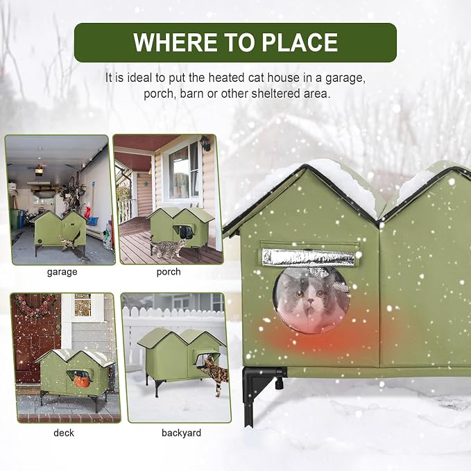 Heated Cat House, Large Heated Outdoor Cat House Weatherproof for Winter, Elevated Waterproof Insulated Cat Houses for Outdoor Cats, Comfortable and Warm Feral Cat Shelter (Green)