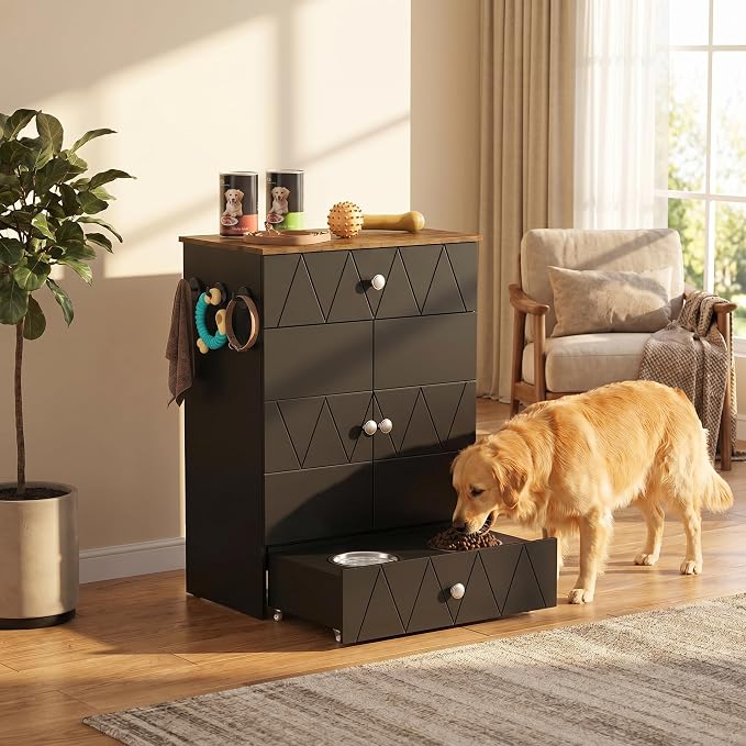 Pet Feeding Station with Storage, Raised Dog Bowls, Pet Feeder Cabinet, with Adjustable Shelves, Rolling Drawer, Hooks, for Feeding & Watering Supplies (Black)