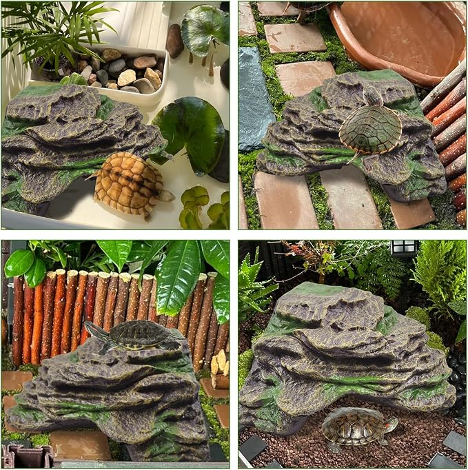 PINVNBY Resin Turtle Basking Platform with 2 Pcs Suction Cups,Floating Dock for Turtles,Tortoise Climbing Ramp Shale - Ideal for Aquatic Turtles,Stable & Durable,Easy to Install(Green Brown L)