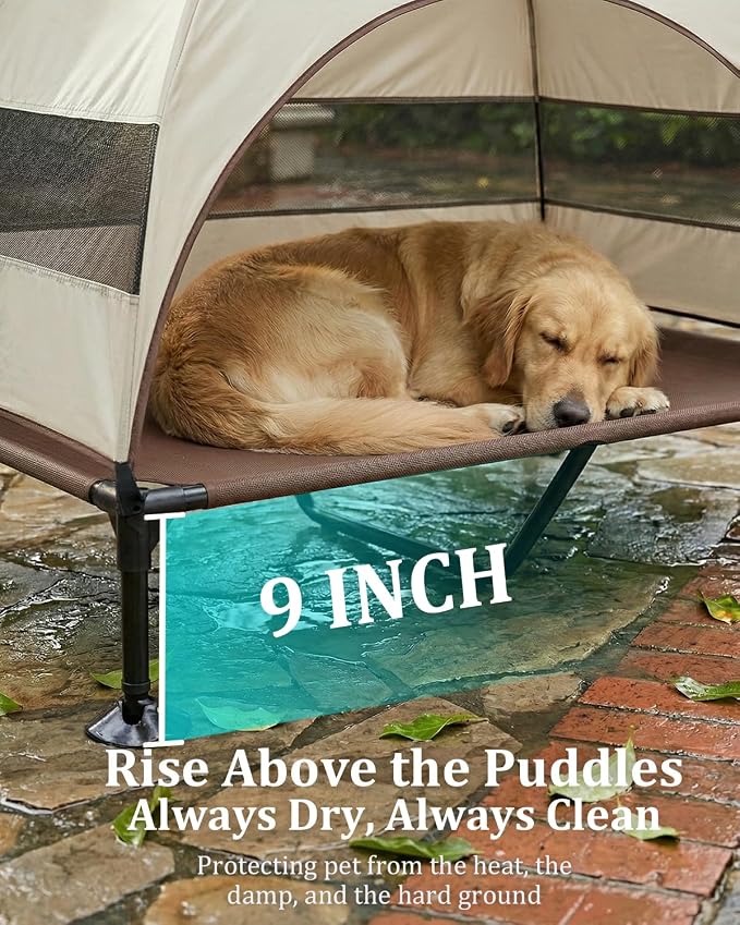 Elevated Dog Bed with Canopy - 3-Sided UV Protection Pet Tent with Wider Shade, Raised Cooling Outdoor Dog Cot with Breathable Mesh for Medium Large Dogs, Portable Bed for Camping, Patio (Khaki, XL)