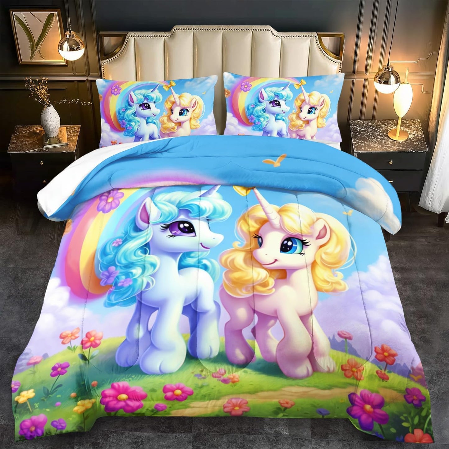 Unicorn Comforter Set Twin,Kawaii Unicorn Bedding Set Twin Kids,Rainbow Comforter Blue Bedroom Decor,Cute Animal Bedding Rainbow Bed Decor for Girls,Cartoon Blue Floral Quilt