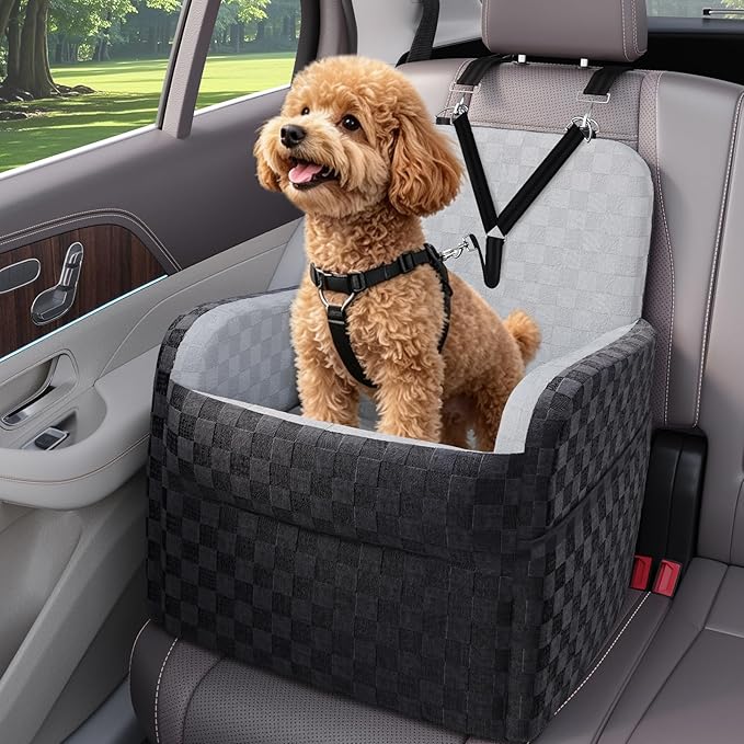 Waterproof Dog Booster Car Seat for Small Medium Dogs up to 26 lbs | 6-Inch Elevated Memory Foam CarSeat, Detachable Washable Cover, Y-Shape Safety Belt, Storage Pockets, Fits in Front/Back Seat