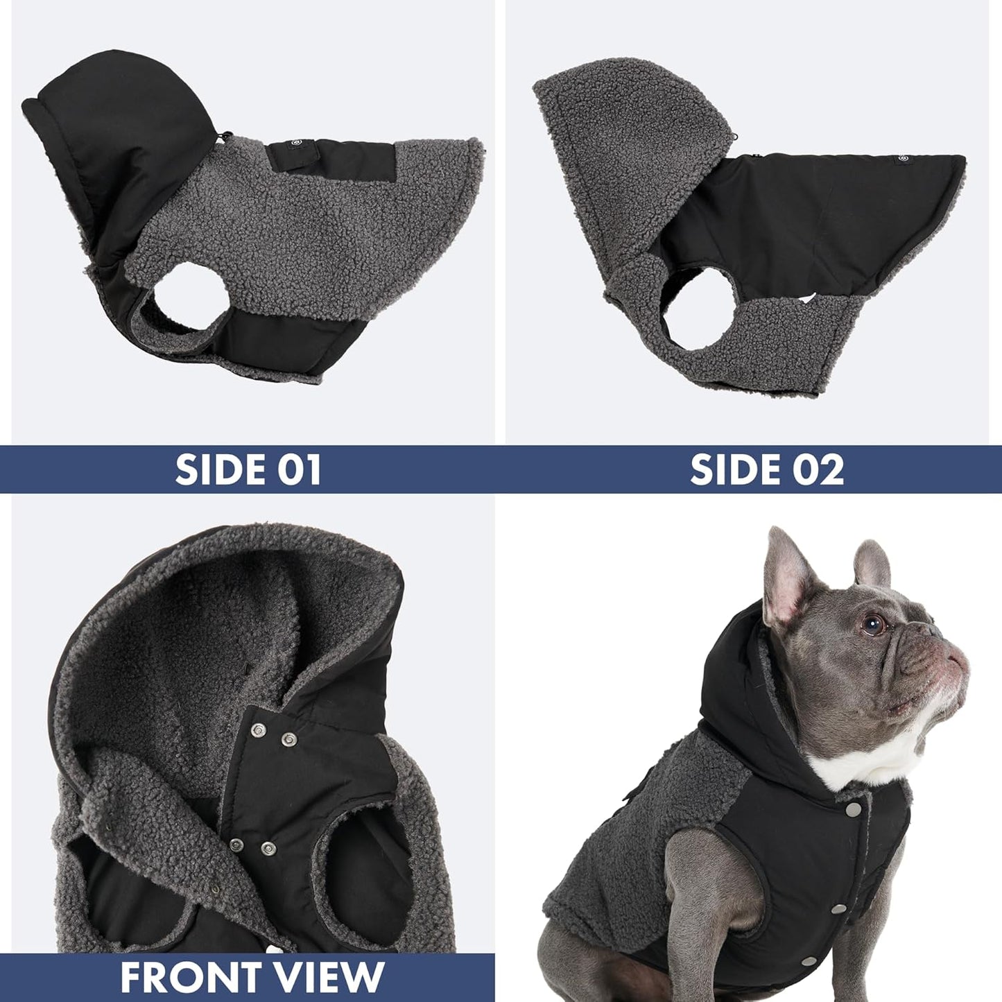 Spark Paws Reversible Dog Sweater, Sherpa Jacket Vest with Warm Fleece Lining, Warm Coat for Winter, Suitable for Small Medium, Large, XL XXL Dogs - Black and Grey - L