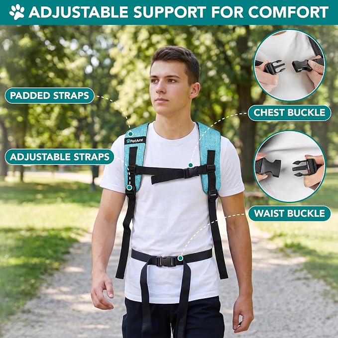 PetAmi Expandable Dog Backpack Carrier for Cats & Pets, Breathable Cat Carrier Backpack with Top Window & Multi-Entry, Ventilated Foldable Travel Carrier for Small Medium Pets up to 18 lbs, Teal Blue