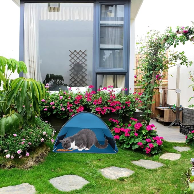 Outdoor Cat Feeding Station, 31.5 x 19.7 x 21.7in Large Outdoor Pet House | Foldable Stray Cat Shelter with Fixing Ground Nails for Feral/Community Cats, Small Dogs and Rabbits (Blue)