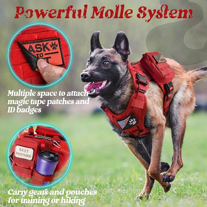 rabbitgoo Tactical Dog Harness for Medium, Heavy Duty Military No Pull Vest | Sturdy Metal Buckles, 5 Adjustments, Molle System, Powerful Pullers for Training, Hunting, Outdoor, Red, Medium