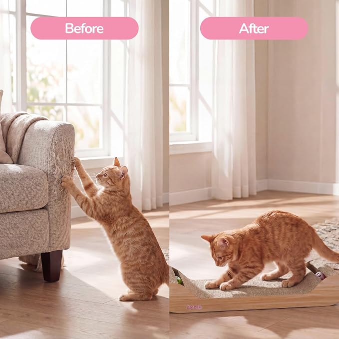 Rini 23.75" Modern Cardboard Cat Scratcher Lounge Bed with Built-in Bell Toys and Catnip, Ergonomic Curved Sofa Design, Oak Wood Finish, Set of 2 CSR1003C-SET2