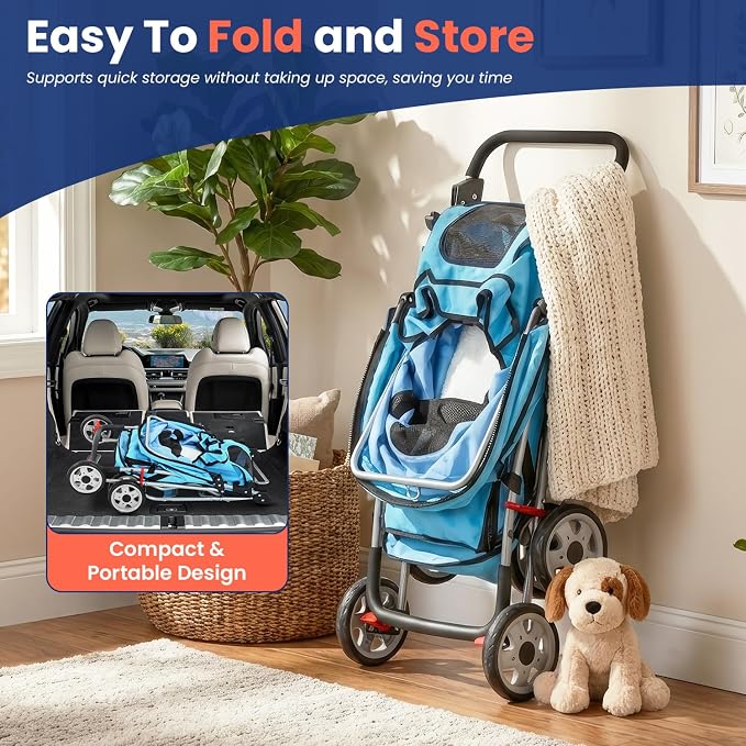 BestPet 4 Wheels Pet Stroller Cat Dog Cage Stroller Travel Folding Carrier 04T | Waterproof ,Storage Basket,Cup Holder & Removable Liner,Folding, Lightweight,Blue