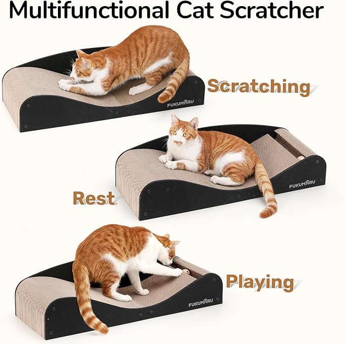 FUKUMARU Cardboard Cat Scratcher Bed, Extra Large 29.1 Inch Cat Scratch Pad | Cat Scratching Bed Couch Indoor, Natural Felt Multifunctional, Horizontal Kitten Scratch Bed Lounger With Ball Toy, Black