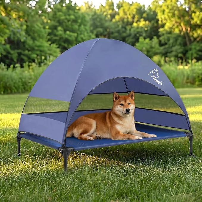 Upgraded Elevated Dog Bed with Canopy, Portable Raised Outdoor Dog Bed with Stable Anti-Slip Feet, Wider Shade Pet Bed Cot, Raised Dog Beds for Large Dogs Camping, Indoor & Outdoor Use
