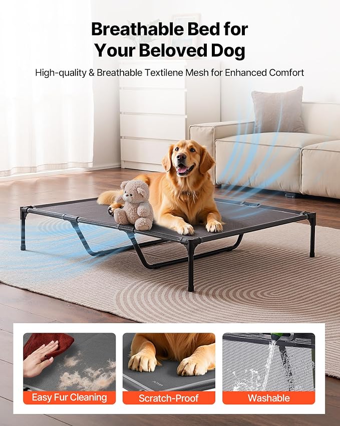 VEVOR Elevated Dog Bed for Large Dogs, Portable Raised Dog Cot with Steel Metal Frame and Breathable Teslin Mesh, Indoor & Outdoor Pet Cooling Raised Hammock Bed, XL, Gray