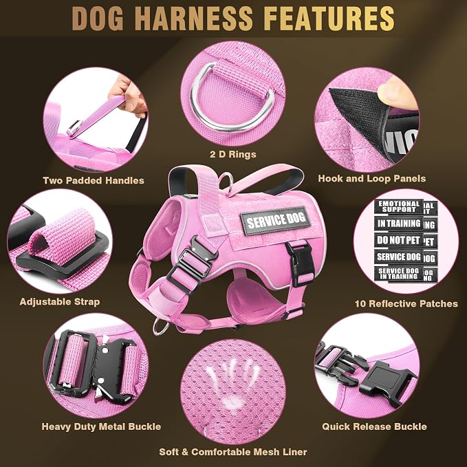2X Metal Buckle Service Working MOLLE Dog Vest with 10 Pet Patches | Tactical Dog Harness for Large Dog, No-pull Military Working Vest for Training Hunting Walking，2x D Rings for Leash Clip