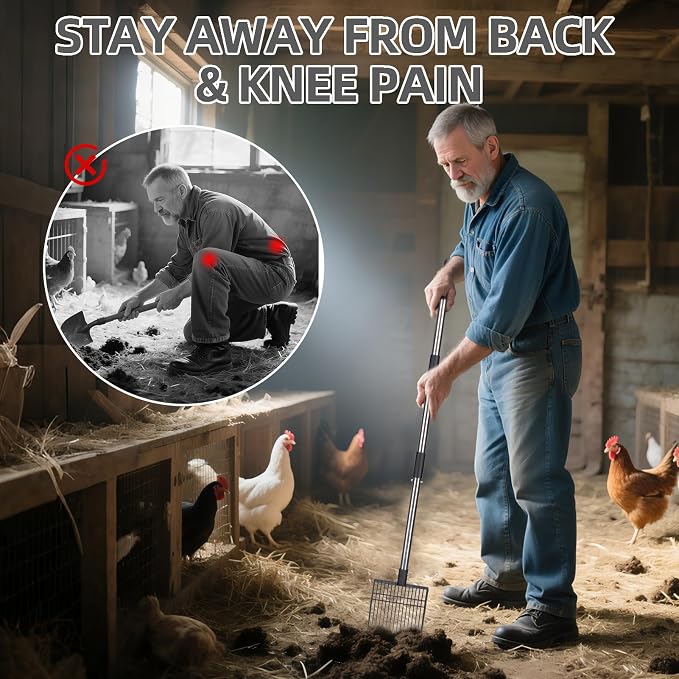 PUPTECK Large Chicken Poop Scooper - Adjustable Long Handle Poop Scooper with Deep Shovel, Detachable Heavy Duty Shovel Multifunctional Chicken Cleaning Tool Coop Accessories(20"-40")