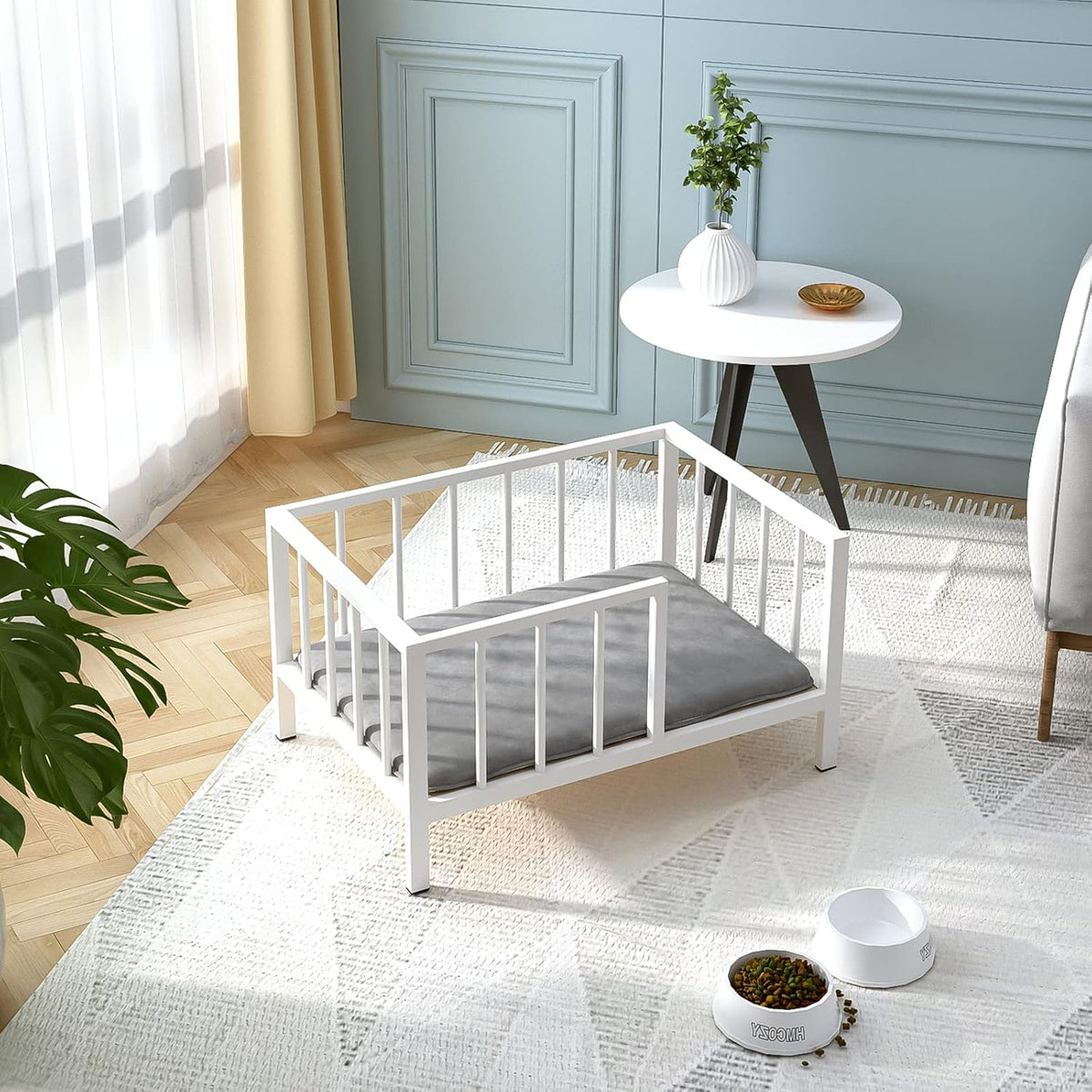 Dog Bed with Rails - Elevated Pet Metal Bed Frame with Solid Wood Board and Washable Soft Mat for Small Dog Indoor or Outdoor Use, 21.3" x 30 ", White