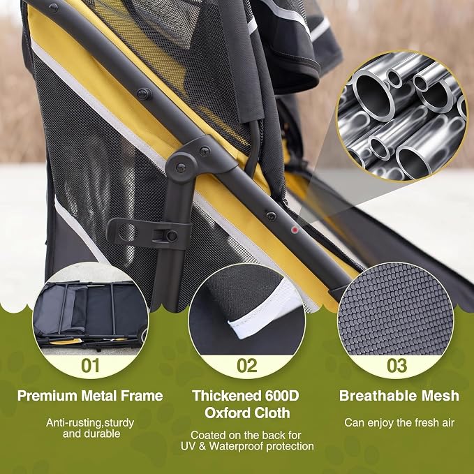 Dog Stroller for Medium/Large Dogs One-Click Folding, Extra Large Pet Stroller for 2 Dogs with Storage Pocket & Shock Absorption, Up to 130 lbs, Yellow