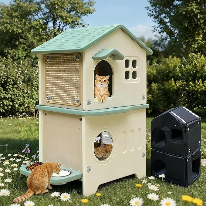 Outdoor Cat House with Liner, 100% Insulated Cat Houses for Winter Outside | 2 Story Waterproof Cat House for Outdoor Cats, Sturdy Cat Bowls & Scratch Pads, Clean Easily