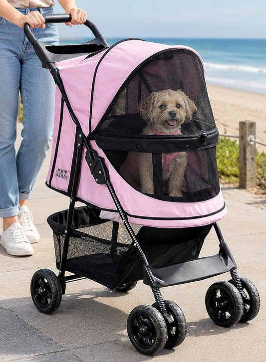 Pet Gear No-Zip Happy Trails Pet Stroller for Cats/Dogs, Himalayan Salt | Zipperless Entry, Easy Fold with Removable Liner, Safety Tether, Storage Basket + Cup Holder