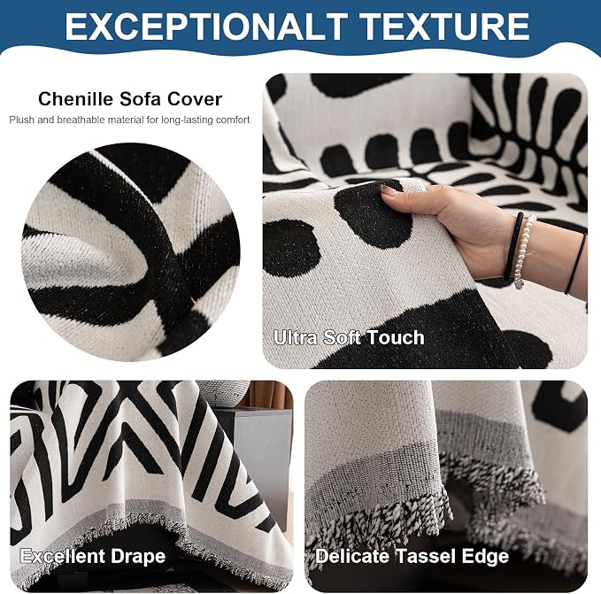 VClife Bohemian Couch Cover Western Aztec Sofa Cover for 2 Cushion Couch Sofa Washable Chenille Sofa Slipcover Boho Non Slip White Black Geometric Couch Slip Cover for Sectional Sofa 71''x118''