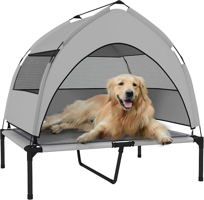 PawHut Elevated Dog Bed with Cooling Pad, 36" x 29.5" x 35", Light Gray | Raised Outdoor Pet Bed, Removable Canopy, Breathable Mesh, Storage Bag, Portable Pet Cot, for Indoor Outdoor Large Dogs