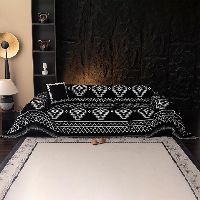 VClife Boho Couch Cover Chenille Sofa Cover for Sectional Sofa, Non Slip Couch Covers for 3 Seater Sofa Pet Friendly Sofa Protector with Tassel, Tribal Pattern Couch Slipcover, Black, 71"X134"