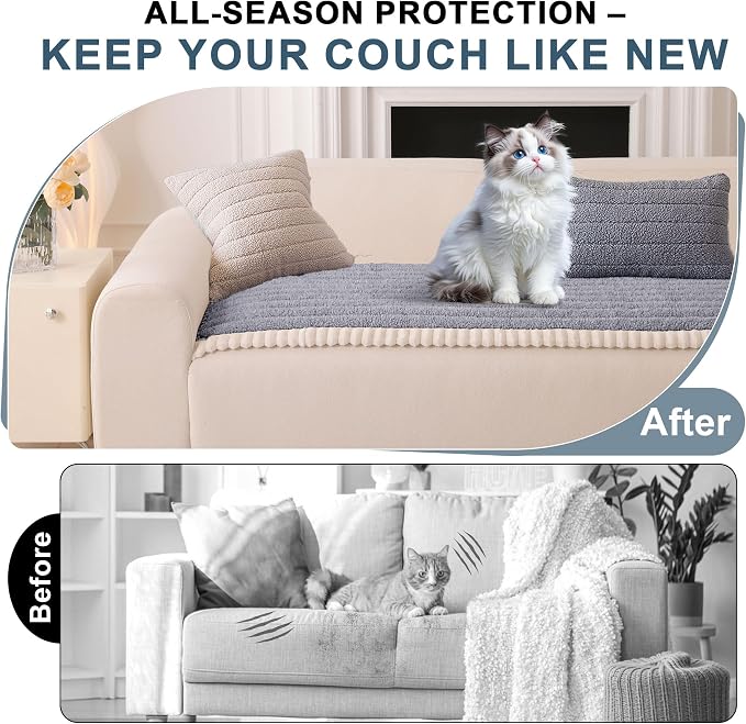 OTOB Sofa Covers for 3 Cushion Couch Washable, All Seasons Fuzzy Non Slip Kids & Pet Friendly Dog Bed Mats Couch Cover, Soft Plush Sofa Slipcovers Furniture Protector (Light Gray, 27.6" x 70.9'')