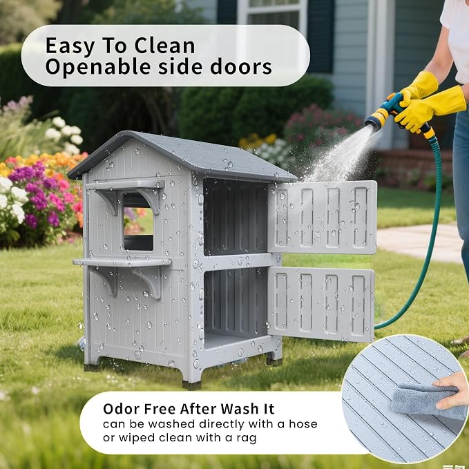 Outdoor Cat House 2 Story HDPE Weatherproof for Feral Cat, Grey with Mat | 21.5" D x 21" W x 34" H, Plastic Elevated Insulated Cat Shelter with Escape Door, Easy Clean & Assemble, Expansive Interior‌
