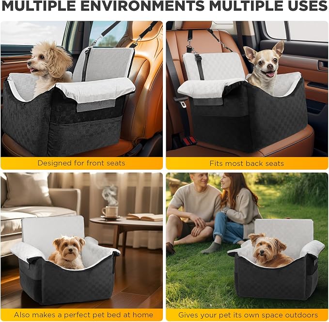 BONTHEE Elevated Dog Car Seat for Small Medium Dogs Under 30 lbs, Memory Foam Elevated Booster Seat with Headrests Support, Travel-Safe Car Bed with Detachable Washable Cover & Safety Belt