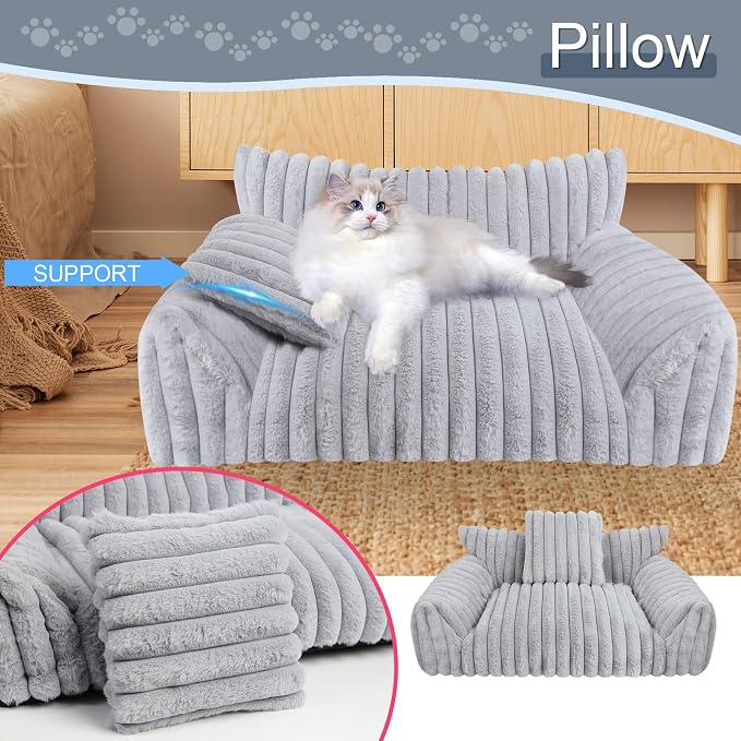 Cute Cat Couch Bed for Indoor Cats, Dog Beds for Small Dogs Couch, S, Grey | Dog Couch Bed with Removable Washable Cover,Cute Fluffy Pet Sofa Cat Couch Bed,Washable Dog Bed Medium Large Size Dog