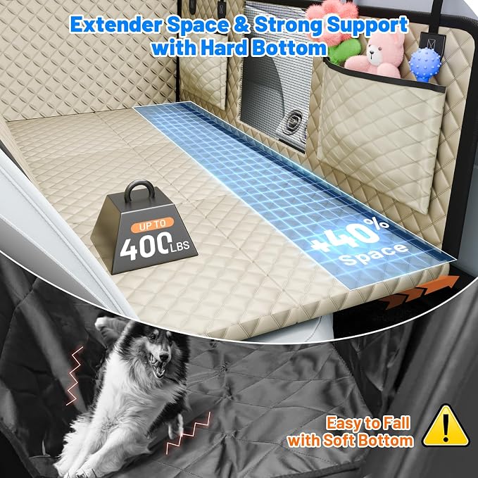 Dog Car Seat Cover for Back Seat,Hard Bottom Hammock Hold 400lbs For Cars | Khaki,Waterproof,Anti-Scratching,Safety Non-Slip,600D Oxford,Mesh Window,Storage Pocket,for Cars/SUV/ Sedans/MPV