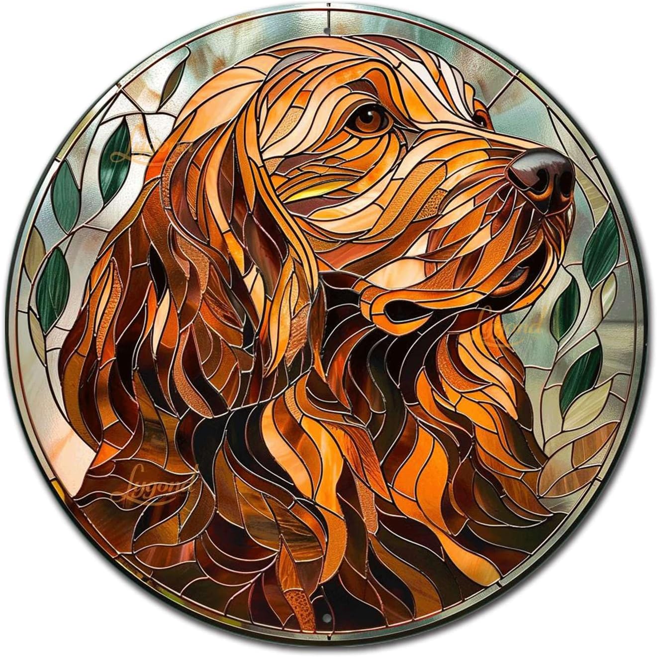 Lygond Metal Sign Tin Sign Circular Stained Glass Dog Funny Gardening Gift for Patio 12×12 Inches