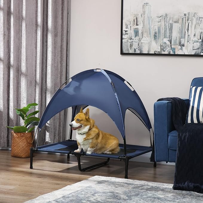 PawHut Elevated Dog Bed with Removable Canopy, Outdoor Dog Cot with UV Protection Canopy Shade, 36 inch Large Pet Bed for Camping, Dark Blue | Large Pet Bed, Outdoor Dog Cot, UV Protection Shade, Camping