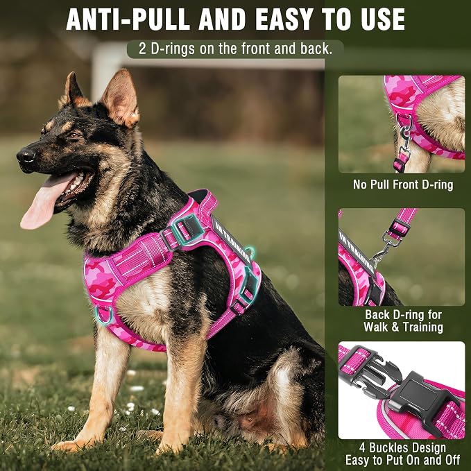 Tactical Dog Harness and Leash Set with 10 Patches for Large Dogs | Heavy Duty No Pull Service Dog Vest with Dog Seat Belt ,Adjustable Reflective Easy Walk for Training Hiking Camo Pink L