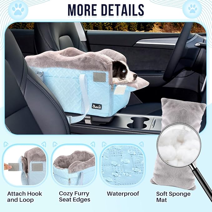 SlowTon Console Dog Car Seat - Portable Center Dog Car Seat for Small Dogs up to 9 lbs, Washable Pet Carseat with Soft Cushion Safe Protection Hooks & Storage Pocket, Blue