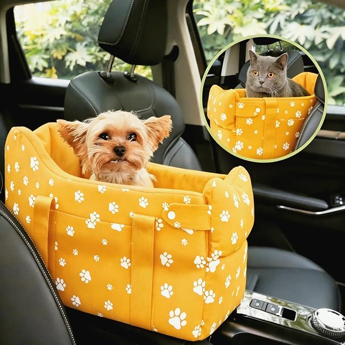 Small Dog Car Seat for Center Console, Yellow | Portable Puppy Armrest Booster for Dogs 5-15 lbs, Anti-Collapse Support with Washable Fluffy Cushion