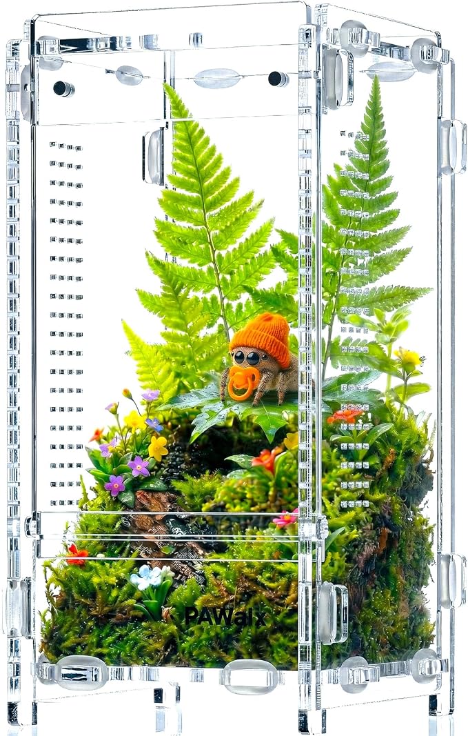 Jumping Spider Enclosure, Acrylic Terrarium with with Magnetic Doors, 0.8mm Micro-Ventilation, Stackable Escape-Proof Habitat for Jumping Spiders, Tarantulas & Small Reptiles, 3”x3”x6”