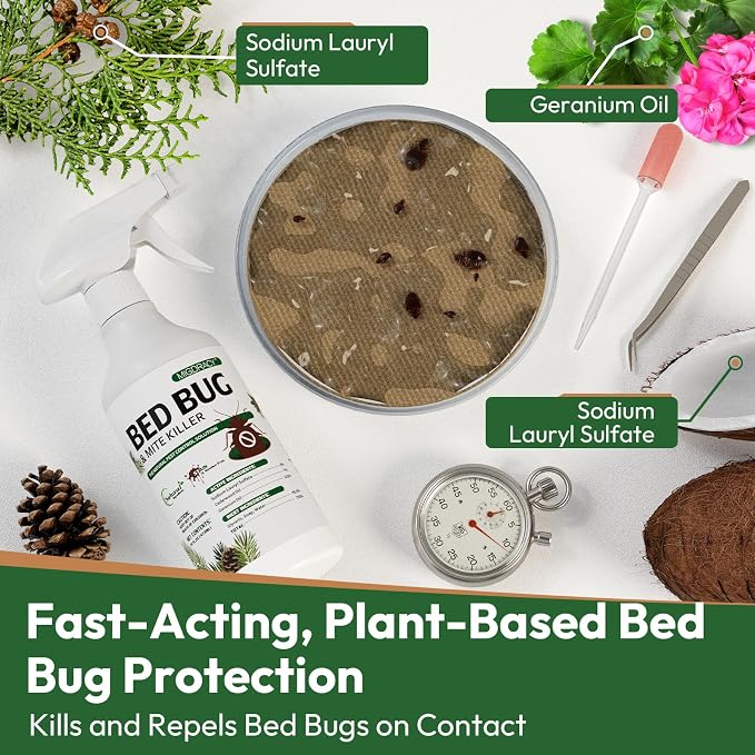 Natural Bed Bug Spray 16oz, Non-Toxic Sprayer, Plant-Based Bedbug & Dust Mite Repellent, Safe for Family & Pets, Fast-Acting Treatment for Bed Bugs, Mites