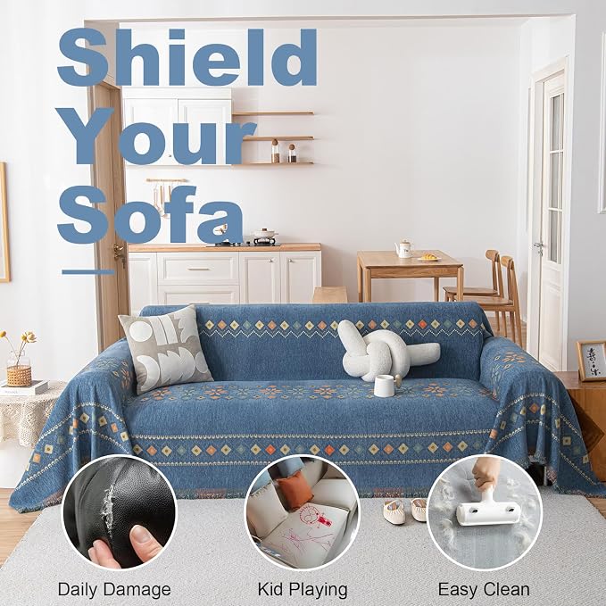 VClife Boho Couch Cover Blue Geometric Jacquard Pattern Sofa Cover, 1 Piece Large Couch Covers for 3 Cushion Couch Sofa Washable Plush Chenille Sofa Protector for Living Room, 71x150 Inch