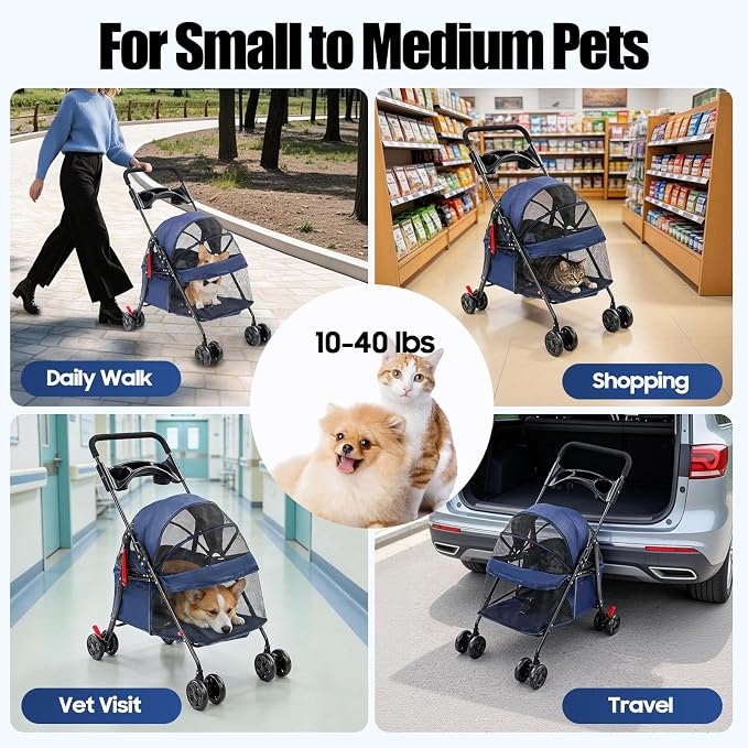 Pet Stroller for Small Medium Dogs Cats, Lightweight Foldable Pet Wagon with 360° Front Wheels & Brake, 40 lbs Capacity Carrier for Park Travel Shopping, Breathable Mesh Basket (Navy Blue)