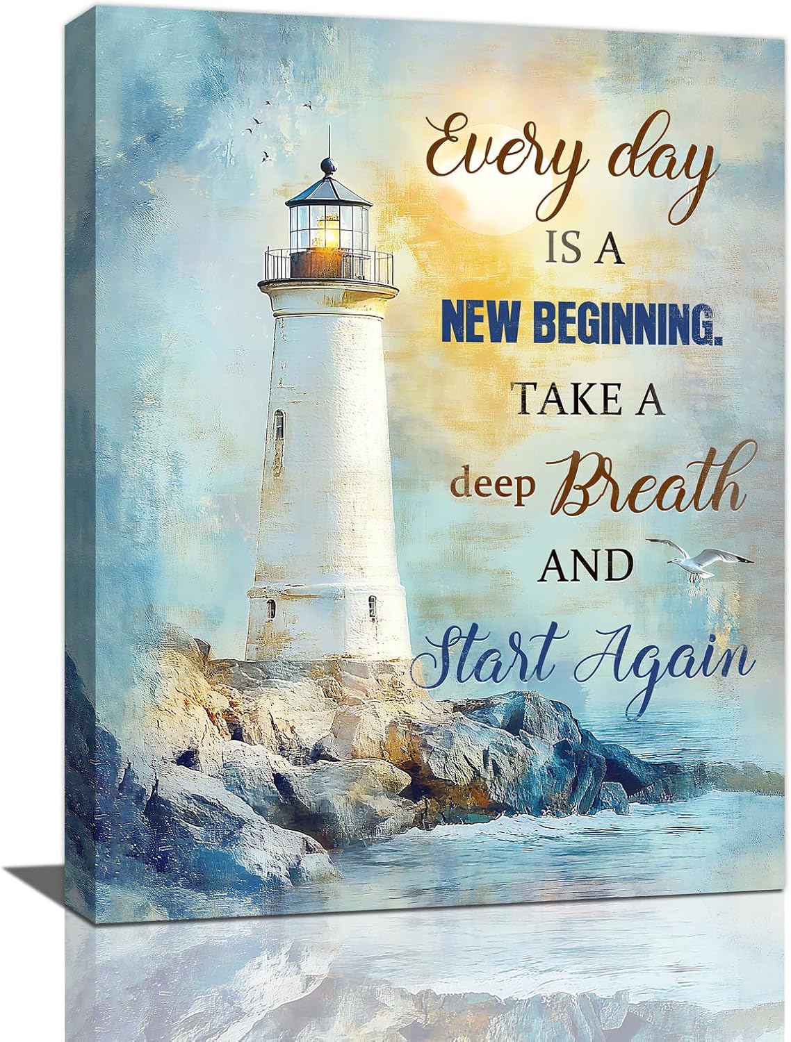 Ocean Lighthouse Pictures Wall Art, Coastal Nautical Bathroom Wall Decor Every Day is a New Beginning Motivational Quote Framed Painting Canvas Artwork for Bedroom Living Room Decorations 20"L x 16"W