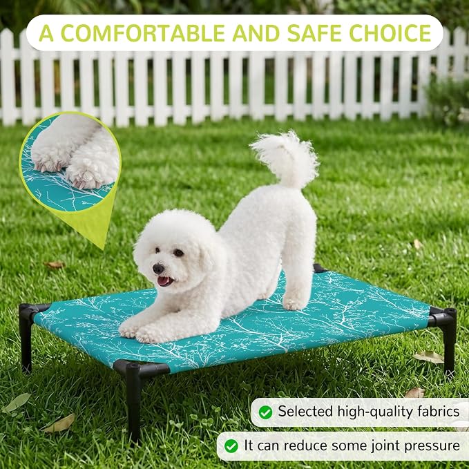 Outdoor Elevated Dog Bed for Large Dogs, Teal Botanical Breathable Cooling Raised Dog Cot for Indoor/Outdoor, Vintage Floral Plants Branch Waterproof Elevated Pet Beds, L 28 x 22 in