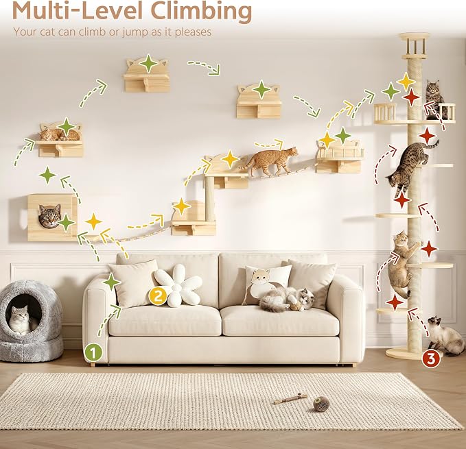 Wood Cat Climbing Furniture Set with Floor to Ceiling Cat Tree | 6 Tier Cat Tower Adjustable Height (95-110in) and Wall Mounted Cat Shelves, with Cat Scratching Post, House, Condo, Burlywood