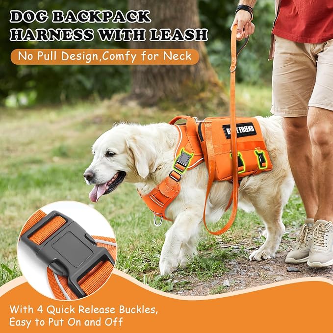 Dog Backpack Harness and Leash Set for Large Dogs Orange L | Removable Side Pockets Dog Vest with Padded Handle&MOLLE,No Pull Front&Back Metal Clips for Hiking Training Walking Hunting
