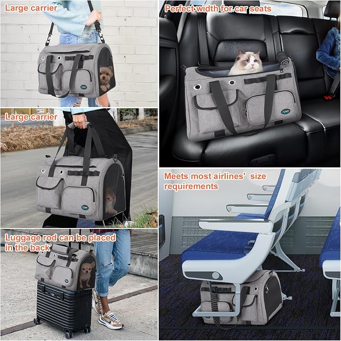 Ownpets TSA Airline Approved Large Pet Carrier, Soft Sided Cat Dog Carrier for Small Pets, Underseat, Waterproof, Foldable for Medium Big Cats 20 lbs+ & 2 Kittens/Puppies (17.7"x11.8"x12.2")